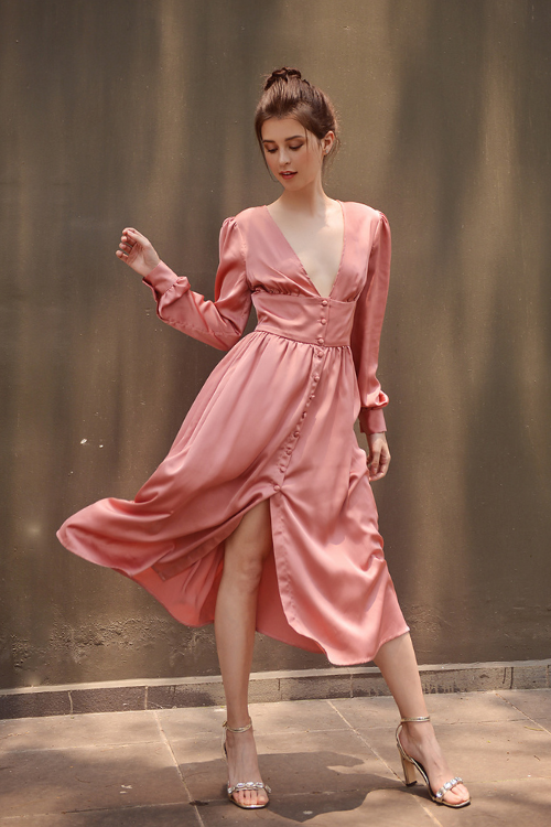 Salmon Pink Silk Dress - Women Midi Dress - Silk Prom Dress - Silk Dress - Mulberry Dress