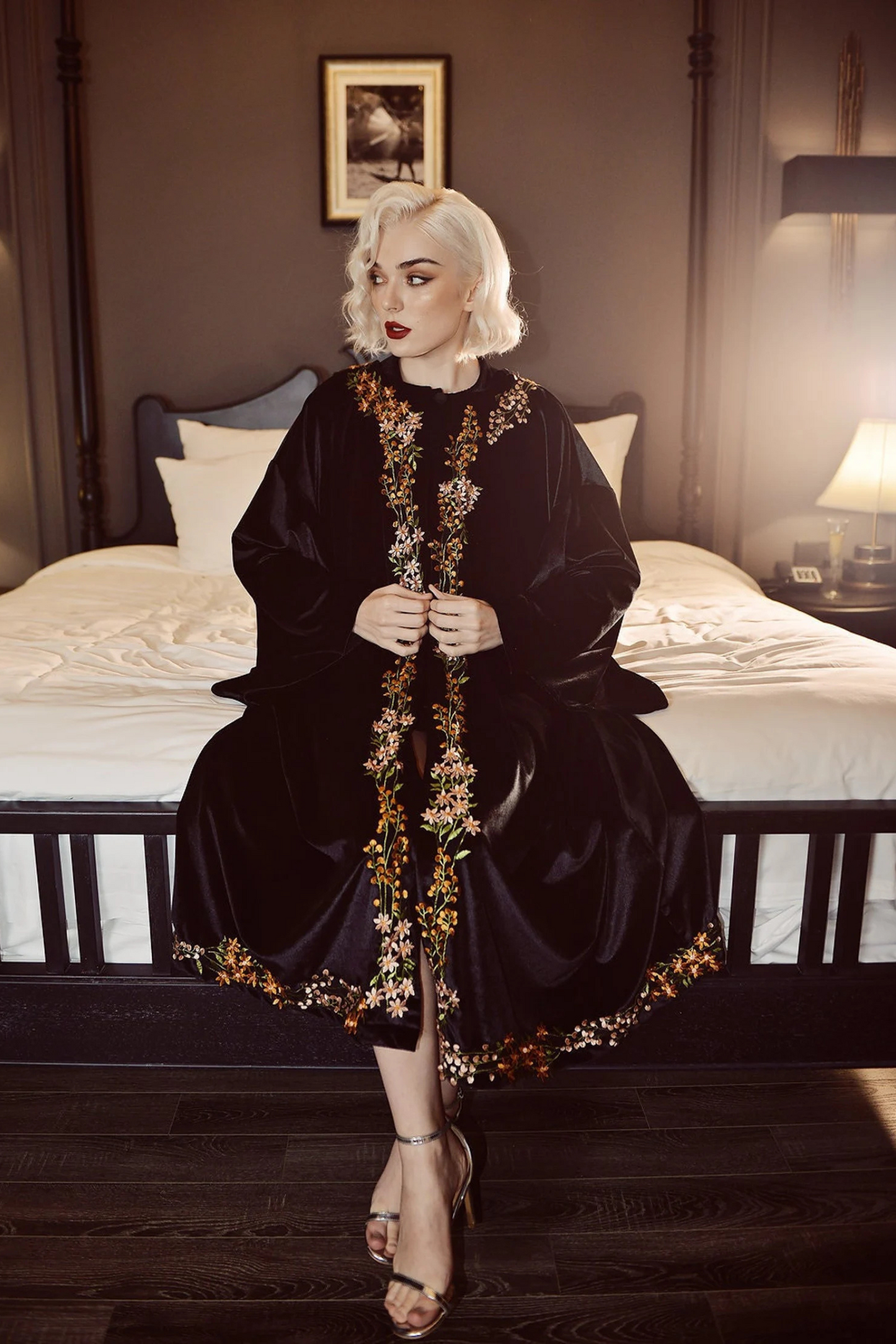 ALEXIS Flower Embroidered Velvet Robe