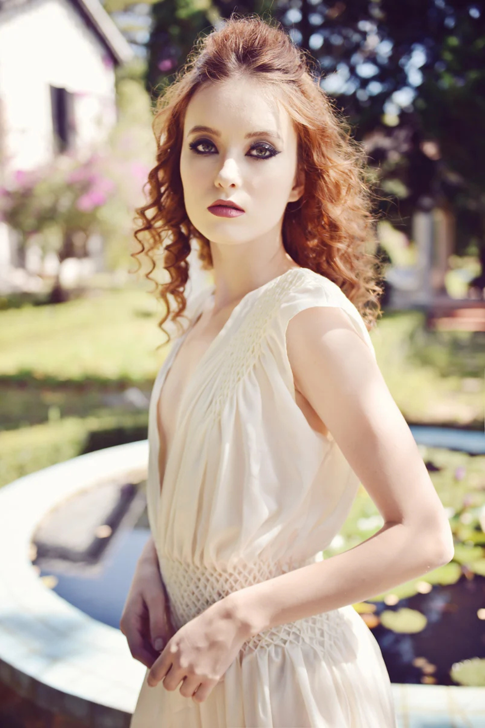 Silk Smocked V-neck Maxi Dress