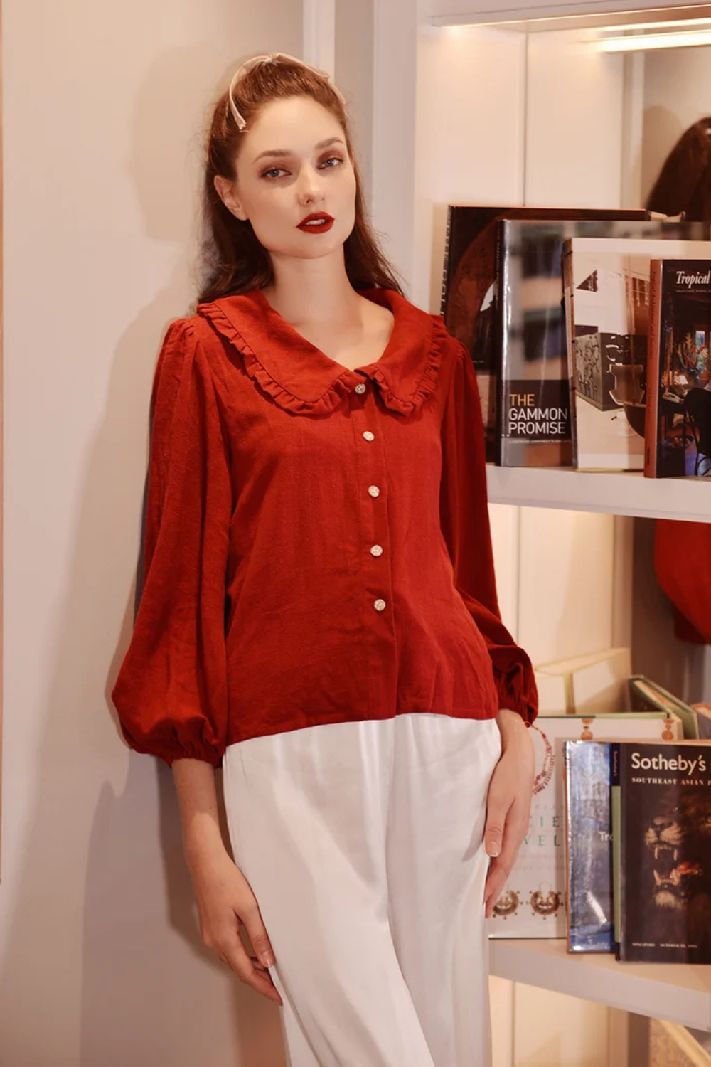 Cotton Linen Shirt with Chelsea Ruffle Collar