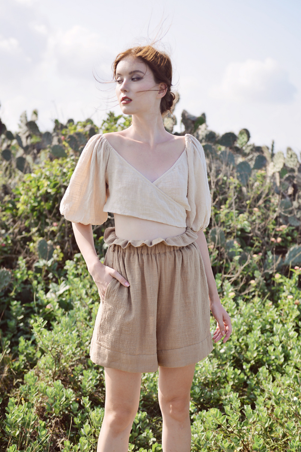 Pure Linen Wrap Top with Tie