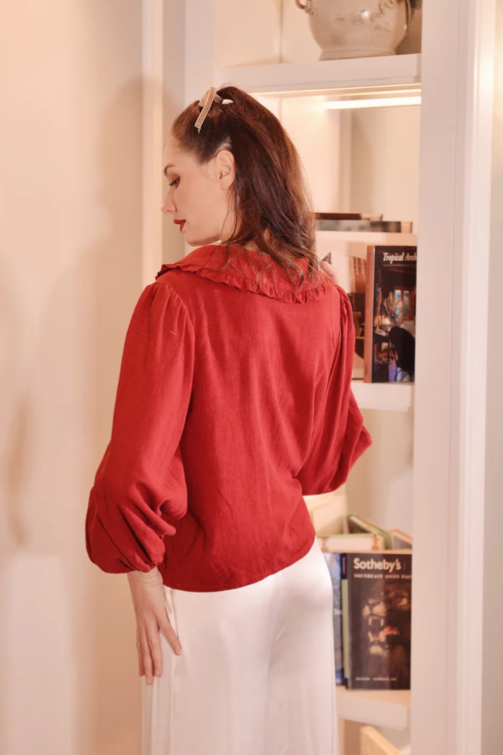 Cotton Linen Shirt with Chelsea Ruffle Collar
