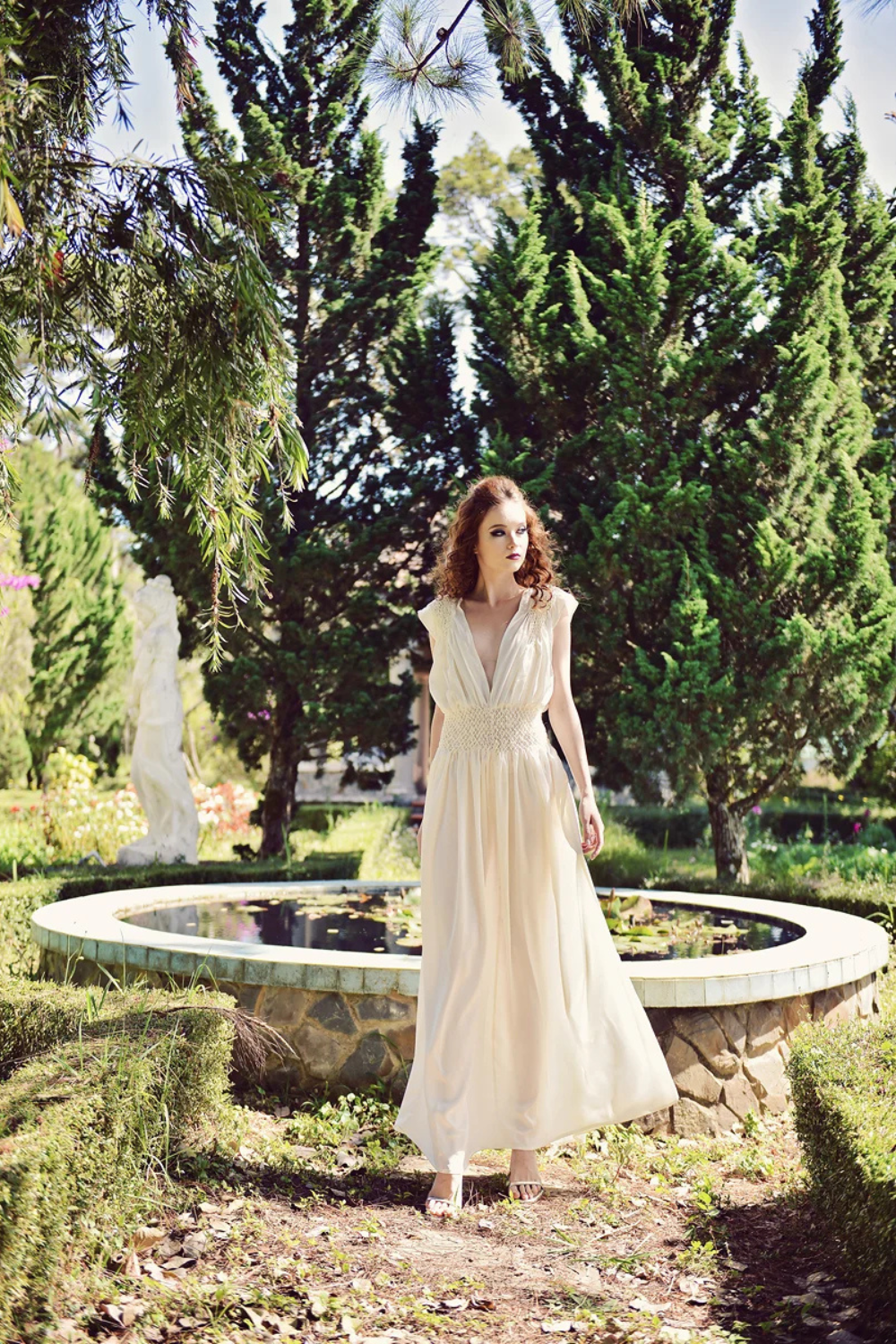 Silk Smocked V-neck Maxi Dress