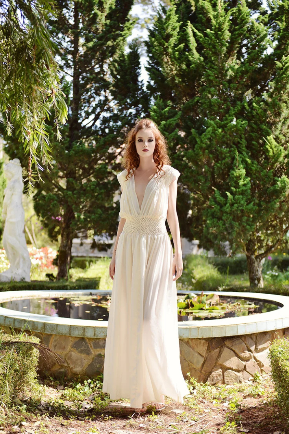 Silk Smocked V-neck Maxi Dress