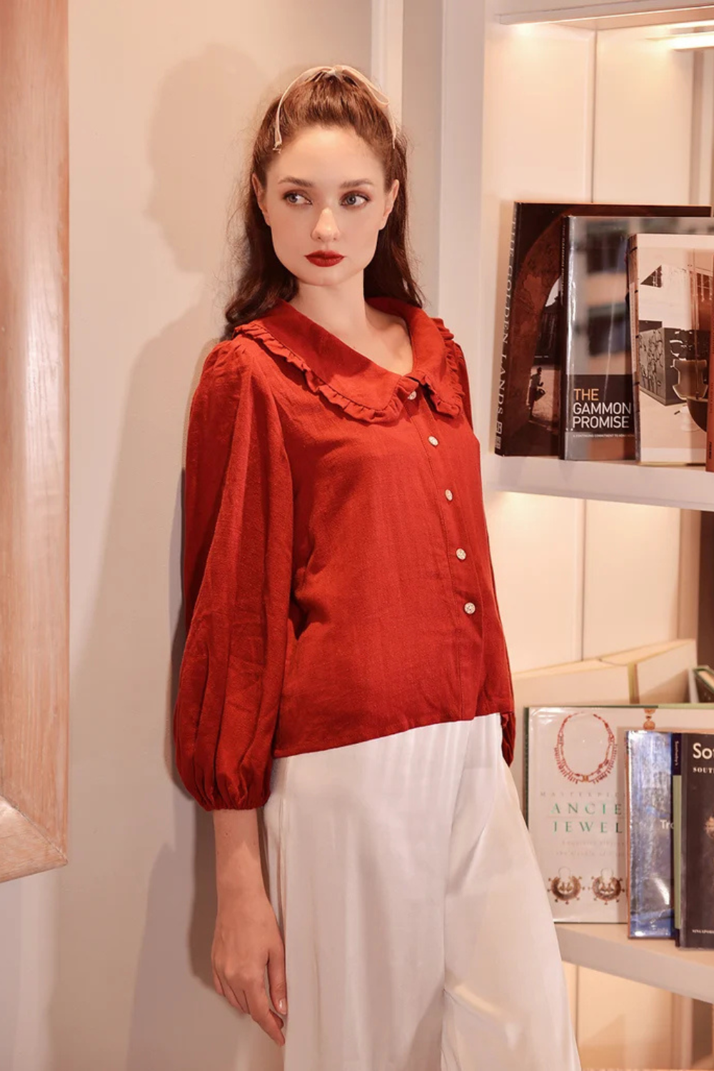 Cotton Linen Shirt with Chelsea Ruffle Collar