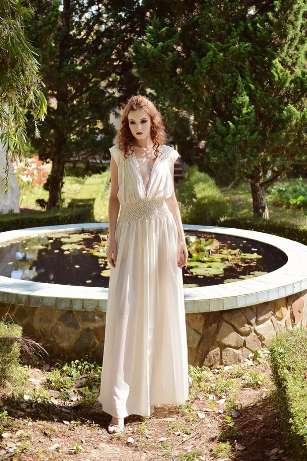 Silk Smocked V-neck Maxi Dress