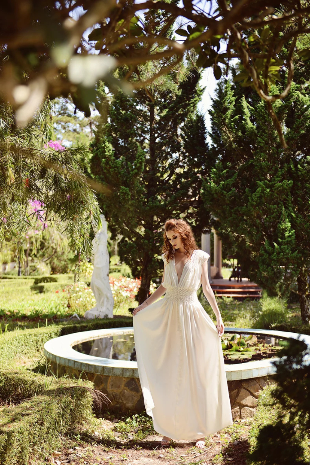 Silk Smocked V-neck Maxi Dress