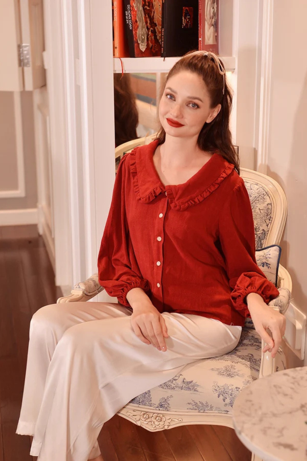 Cotton Linen Shirt with Chelsea Ruffle Collar