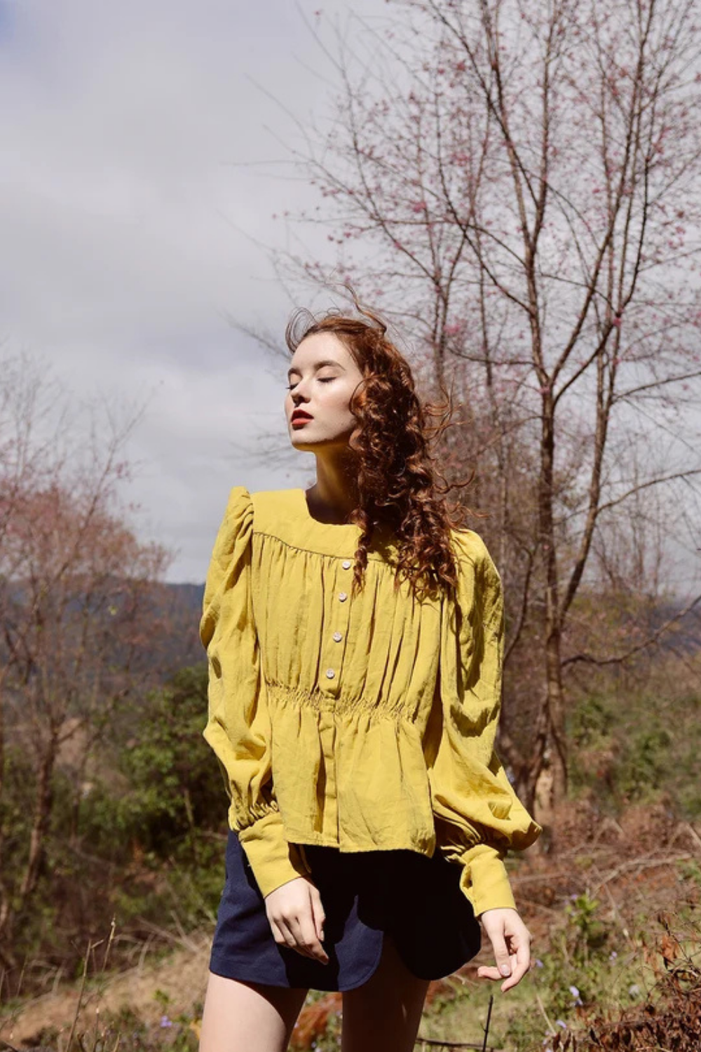 Gold Linen Blouse with Pleated Detail