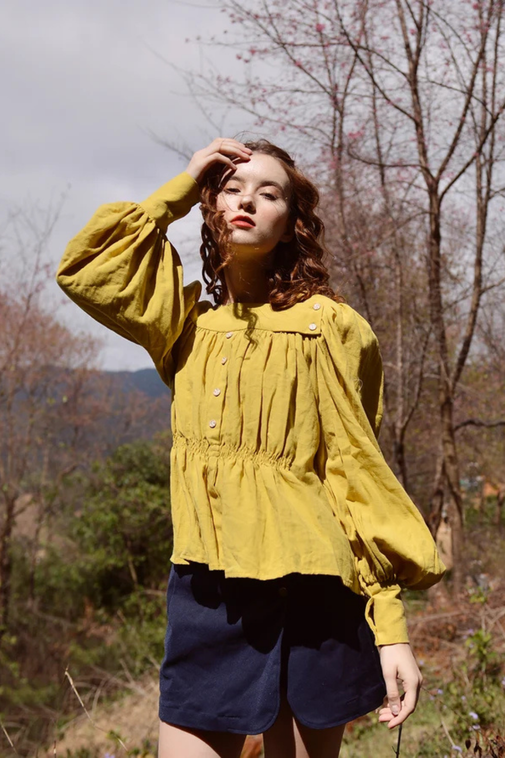Gold Linen Blouse with Pleated Detail