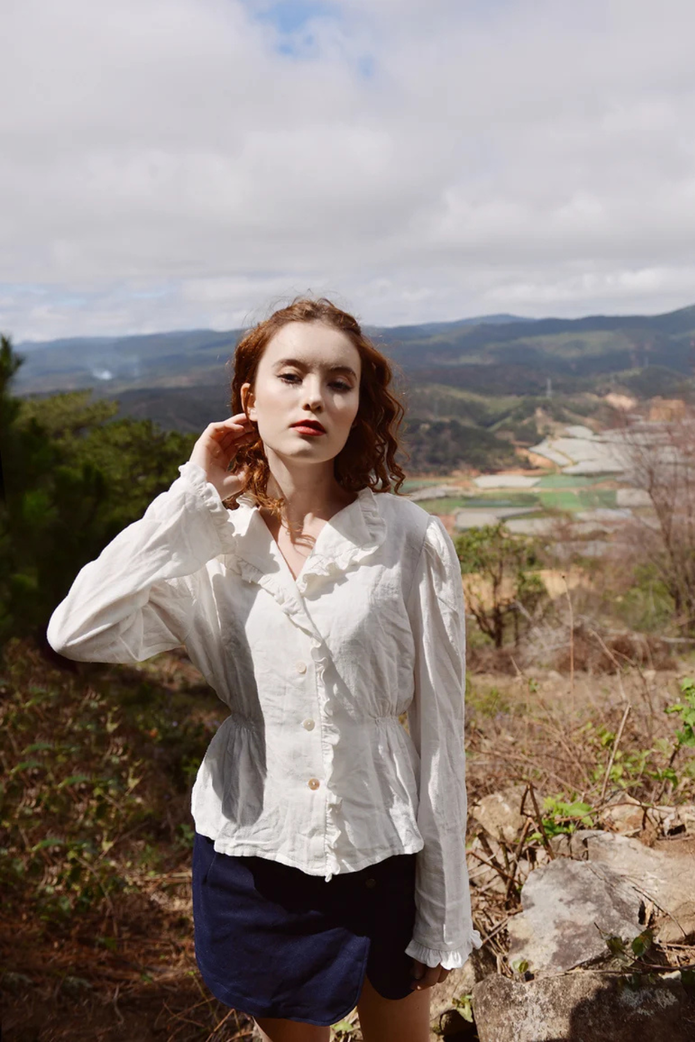 Whimsical Linen Blouse with Ruffle Collar