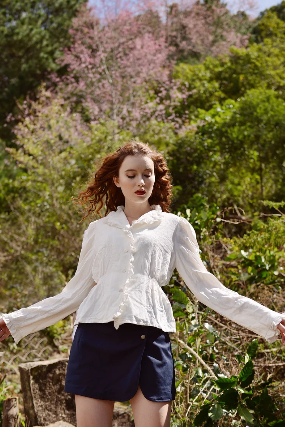 Whimsical Linen Blouse with Ruffle Collar