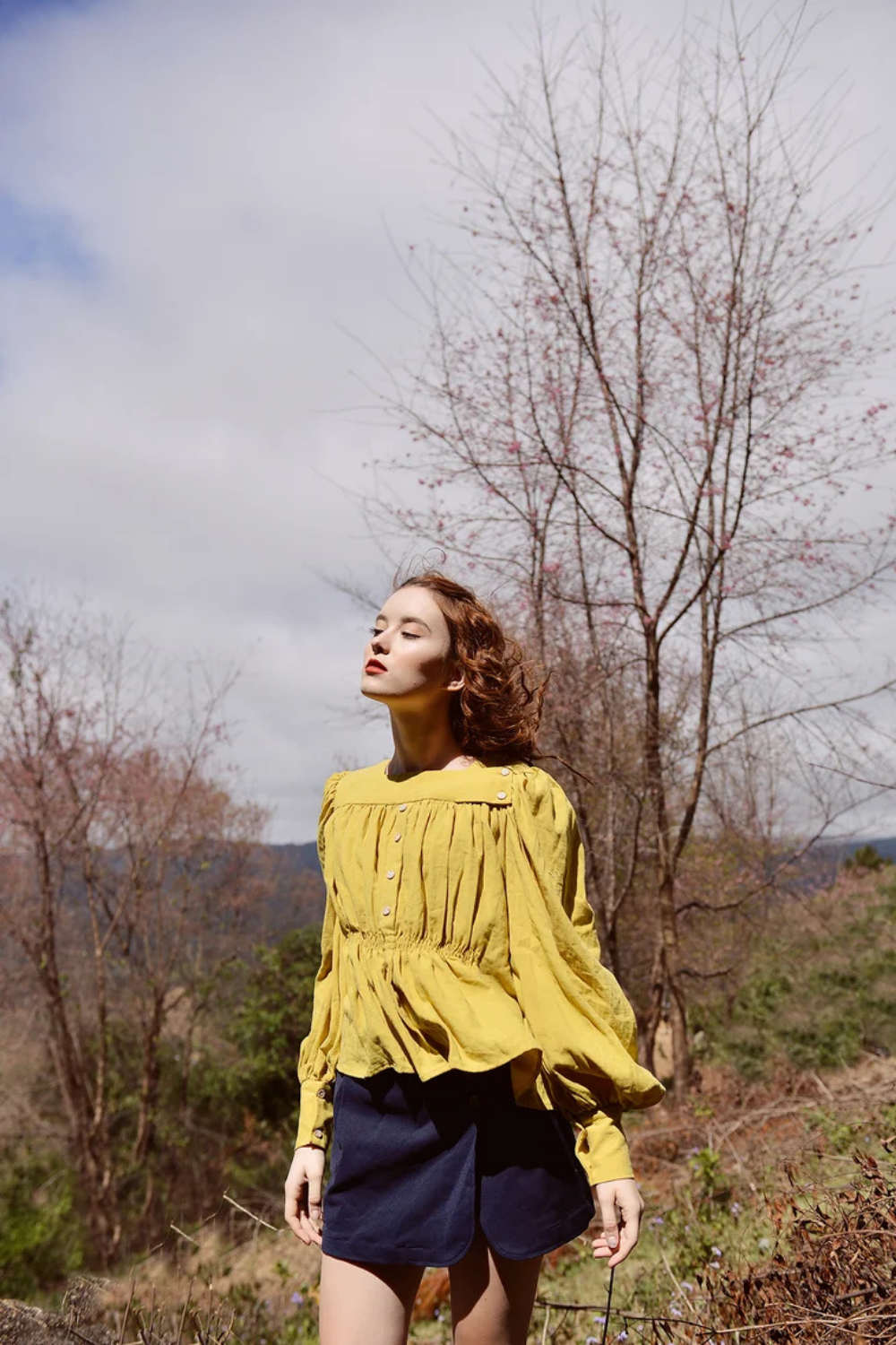 Gold Linen Blouse with Pleated Detail