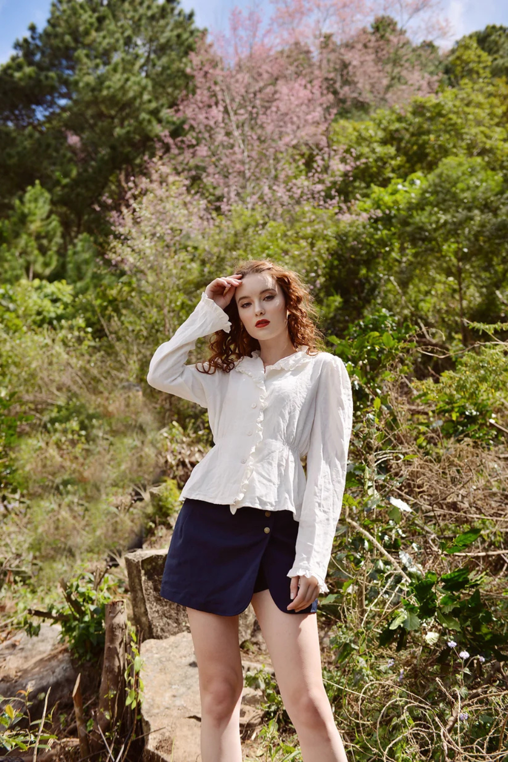 Whimsical Linen Blouse with Ruffle Collar
