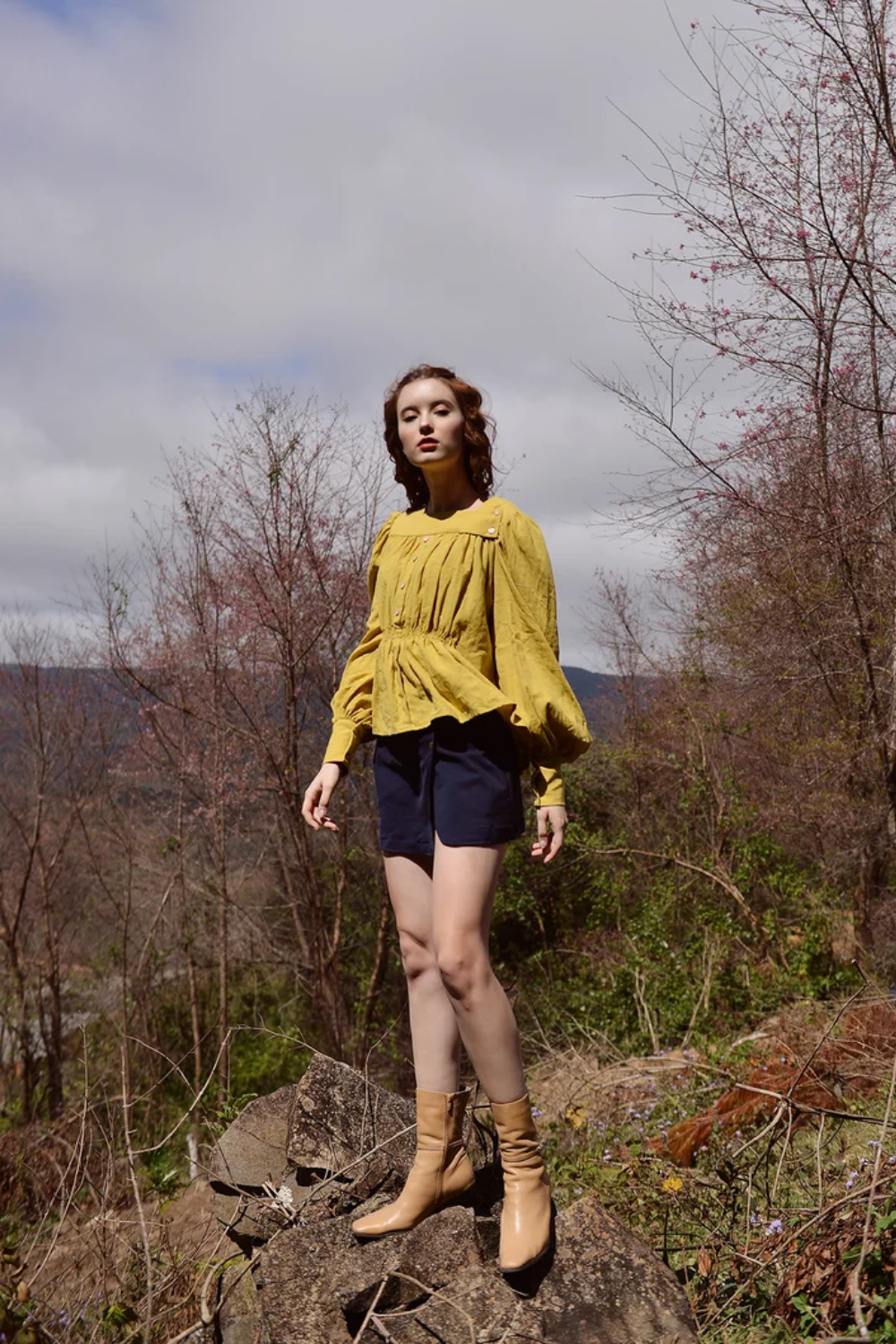 Gold Linen Blouse with Pleated Detail