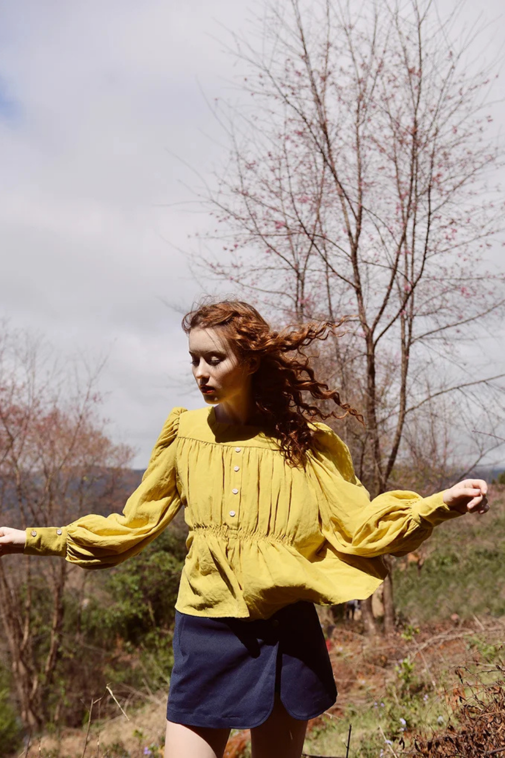 Gold Linen Blouse with Pleated Detail