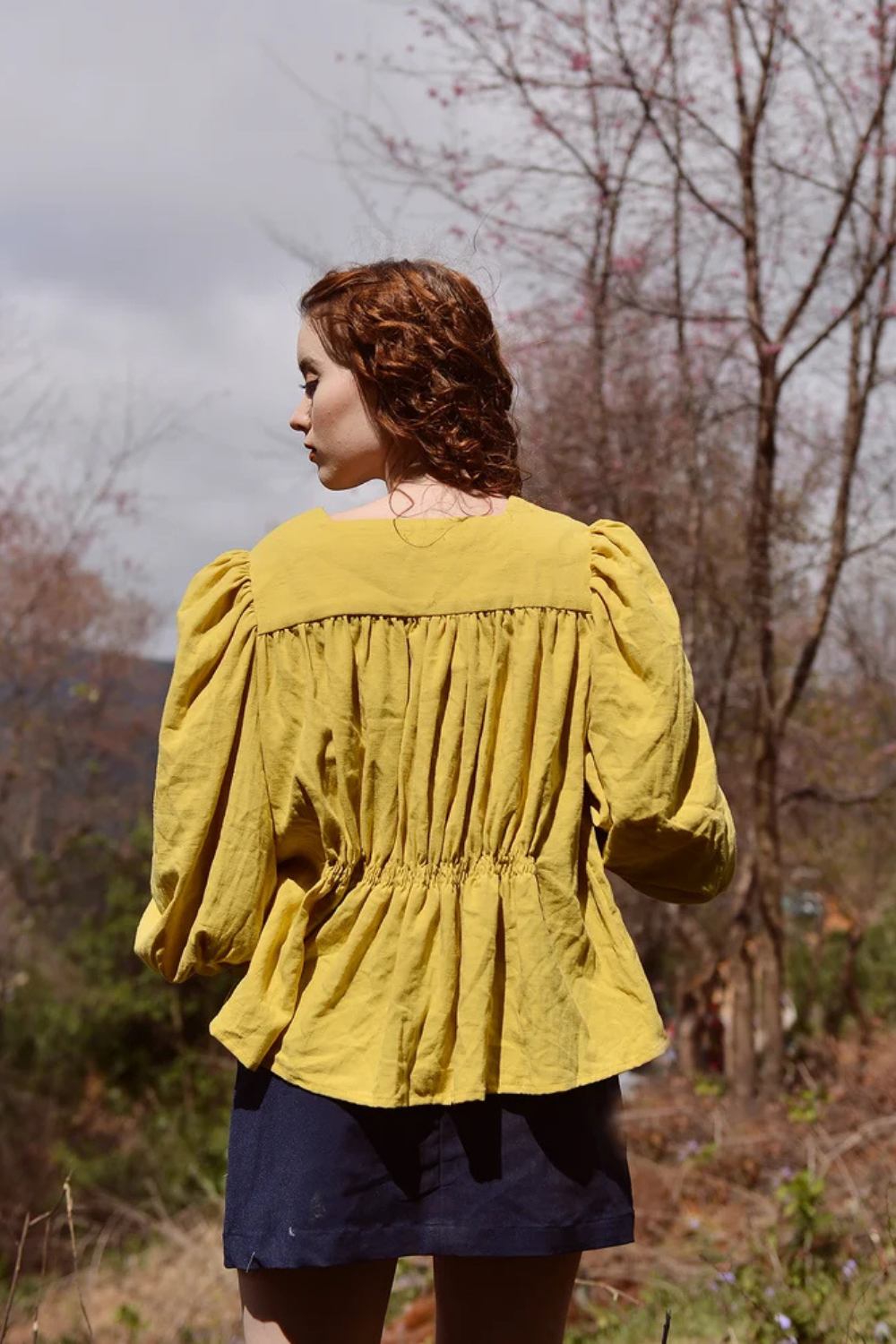Gold Linen Blouse with Pleated Detail