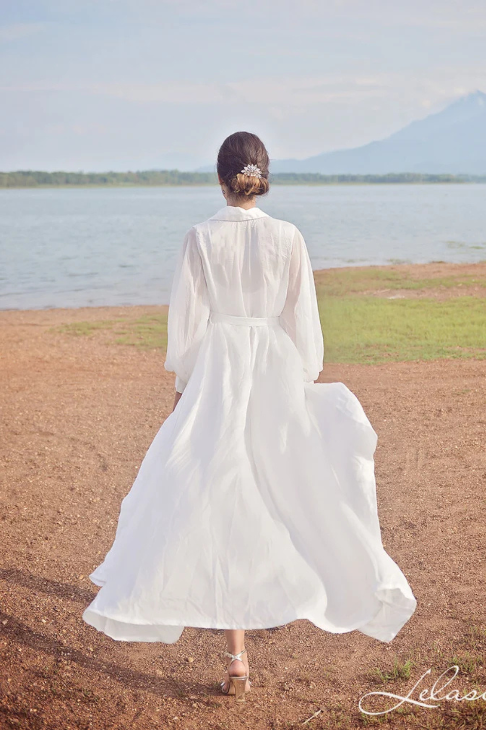 Maxi Bridal Silk Robe with Puffy Sheer Sleeves