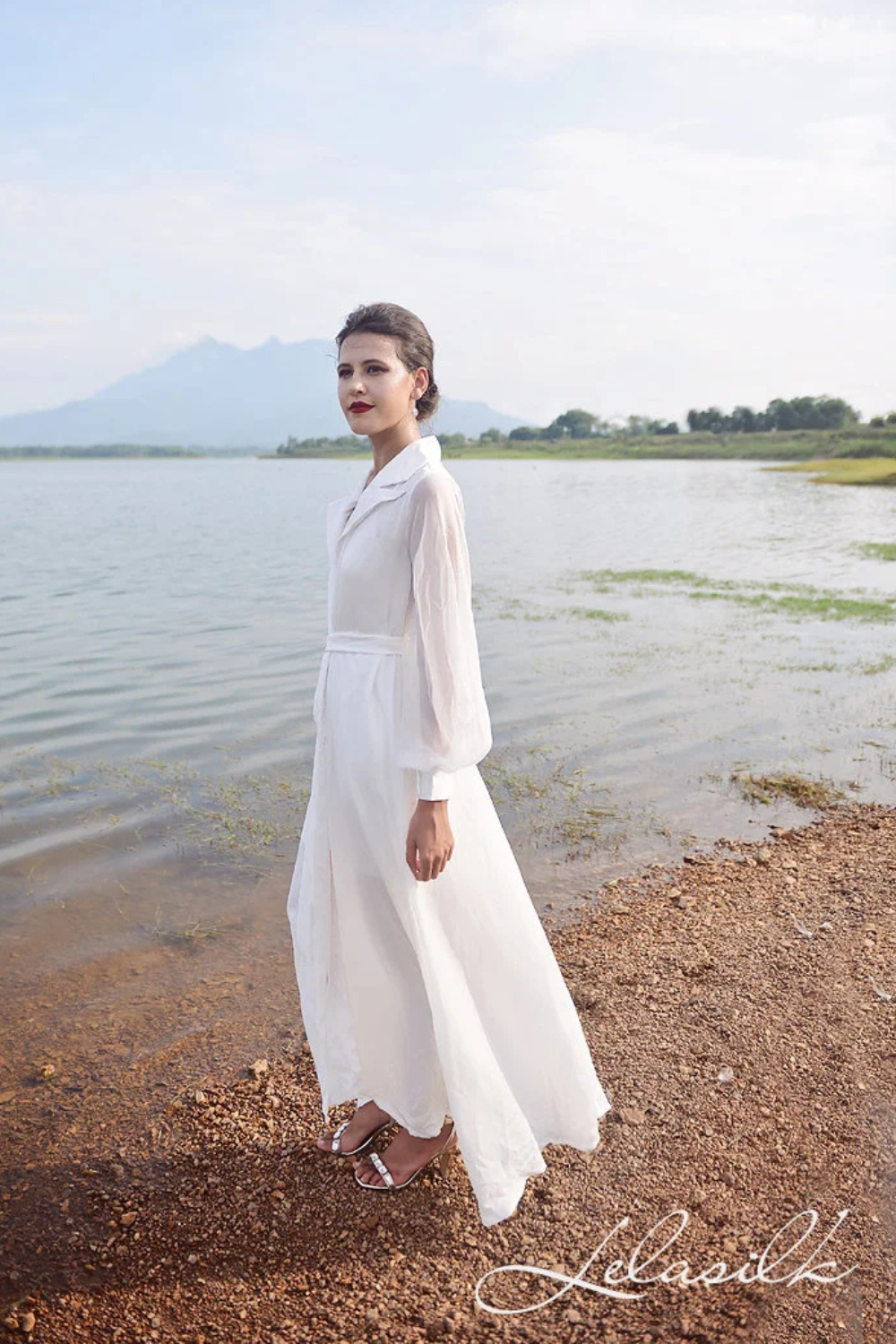 Maxi Bridal Silk Robe with Puffy Sheer Sleeves