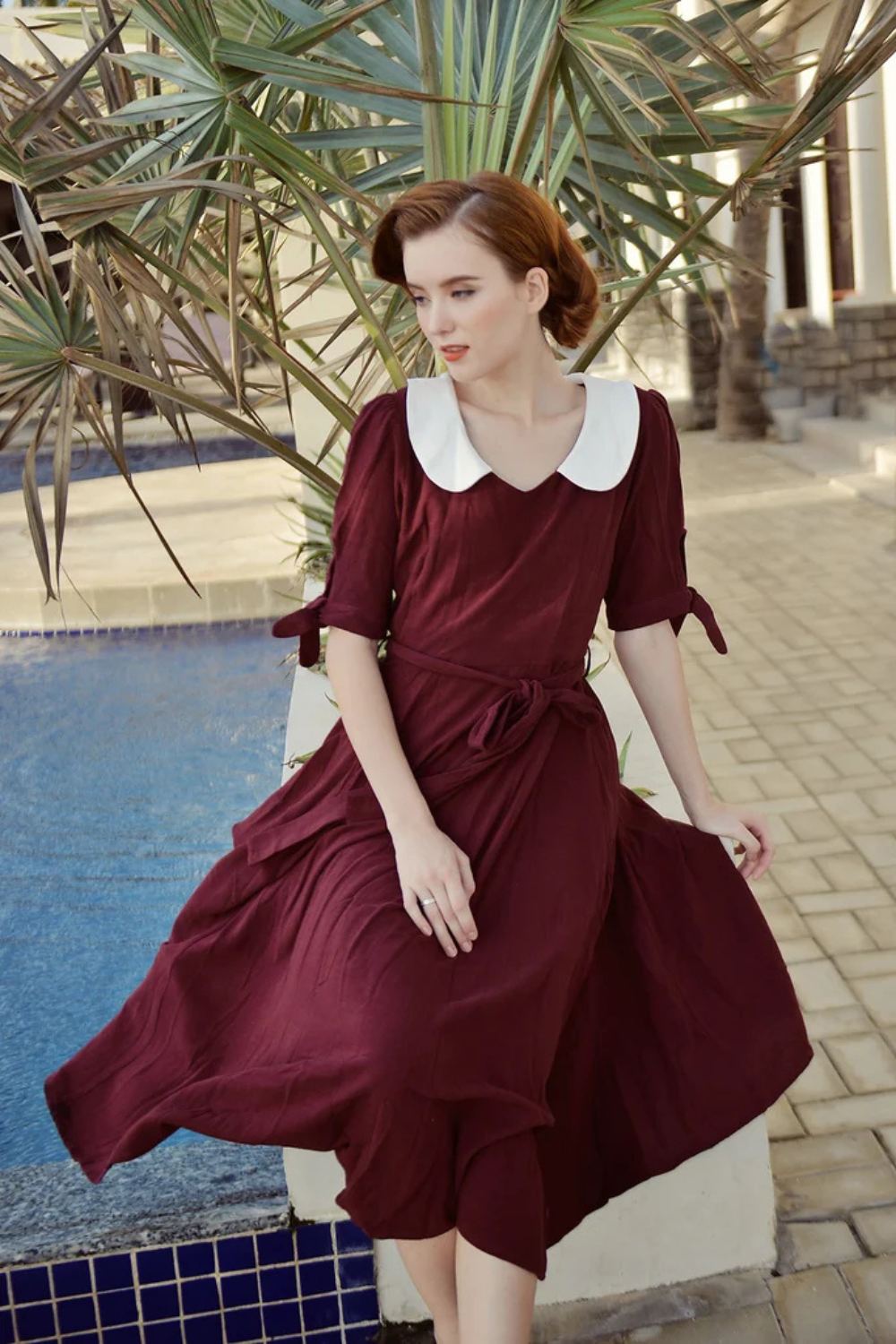 Linen A-Line Midi Dress with Peter Pan Collar
