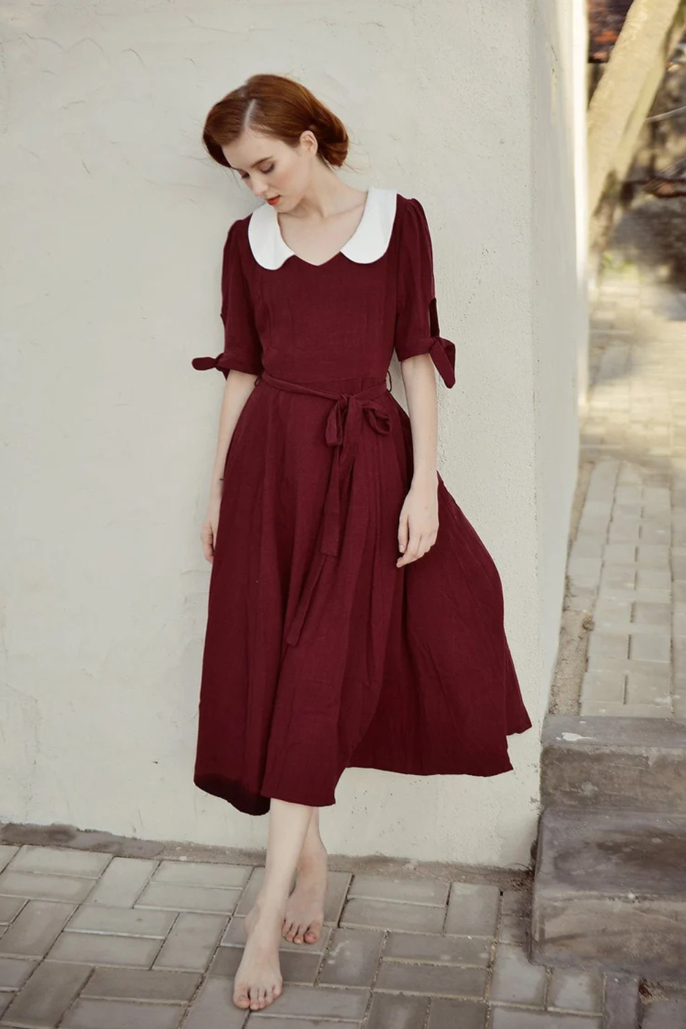Linen A-Line Midi Dress with Peter Pan Collar