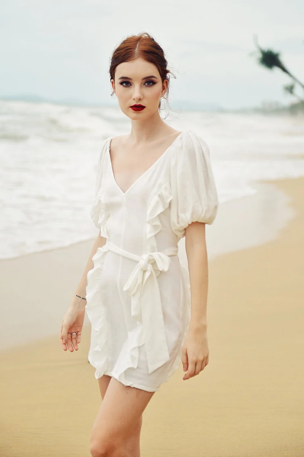 Linen Ruffle Mini Dress with Puff Sleeves