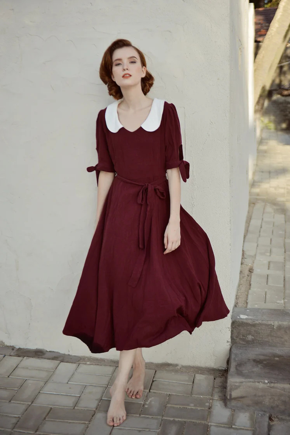 Linen A-Line Midi Dress with Peter Pan Collar