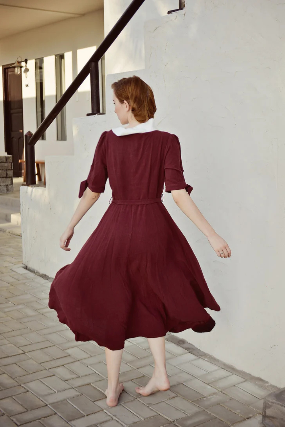 Linen A-Line Midi Dress with Peter Pan Collar
