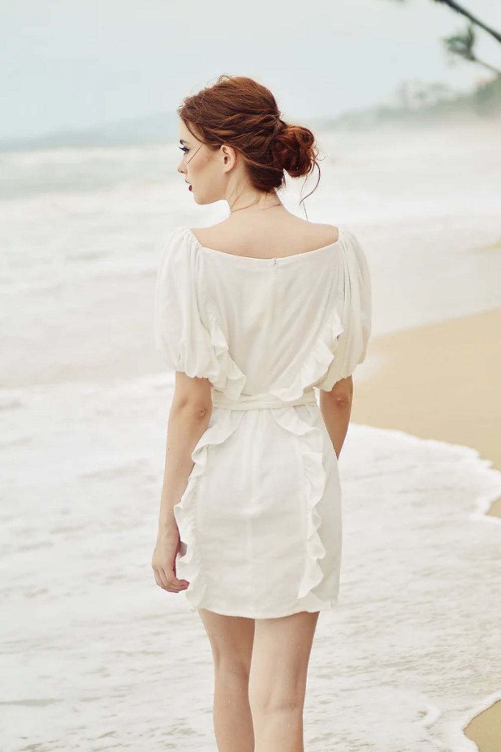 Linen Ruffle Mini Dress with Puff Sleeves