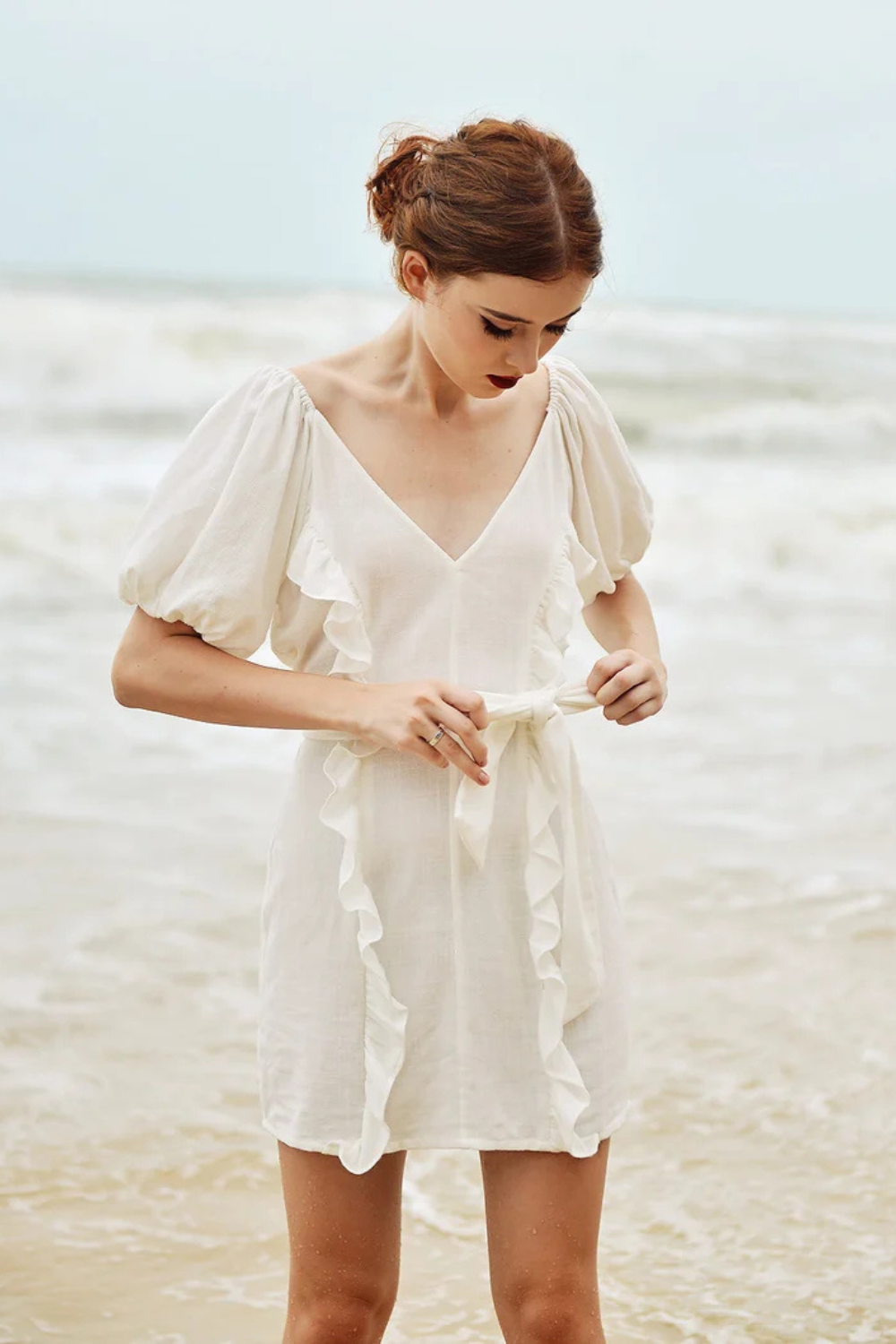 Linen Ruffle Mini Dress with Puff Sleeves