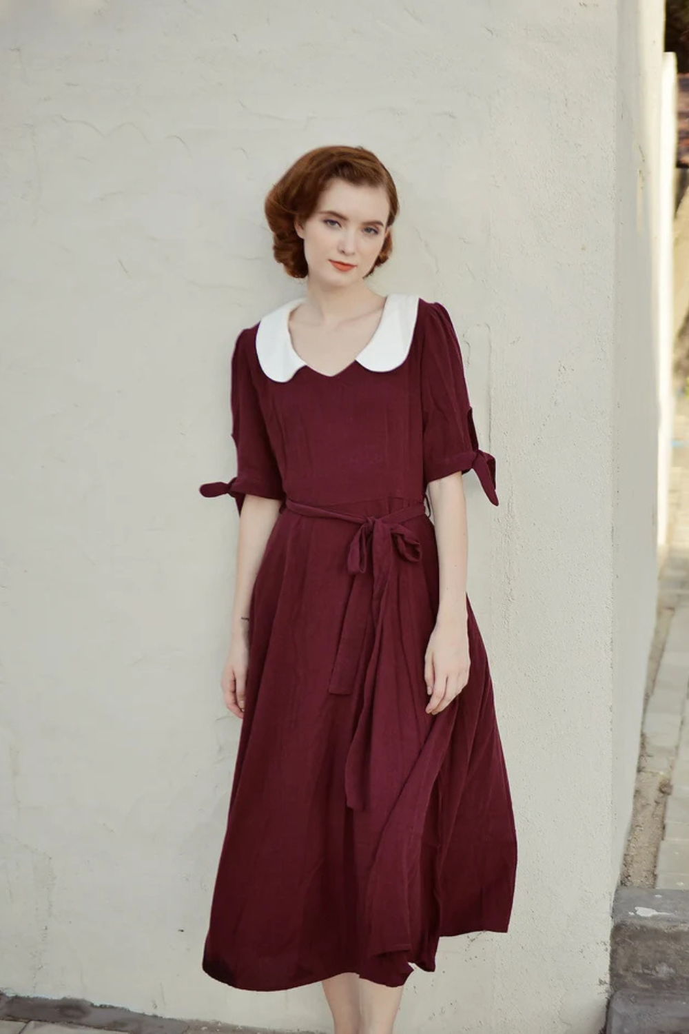 Linen A-Line Midi Dress with Peter Pan Collar