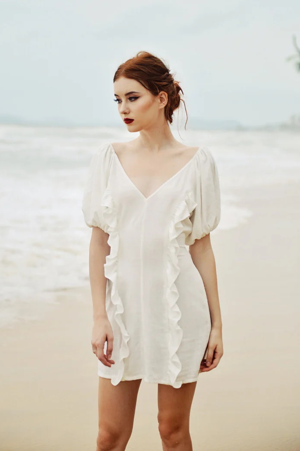Linen Ruffle Mini Dress with Puff Sleeves
