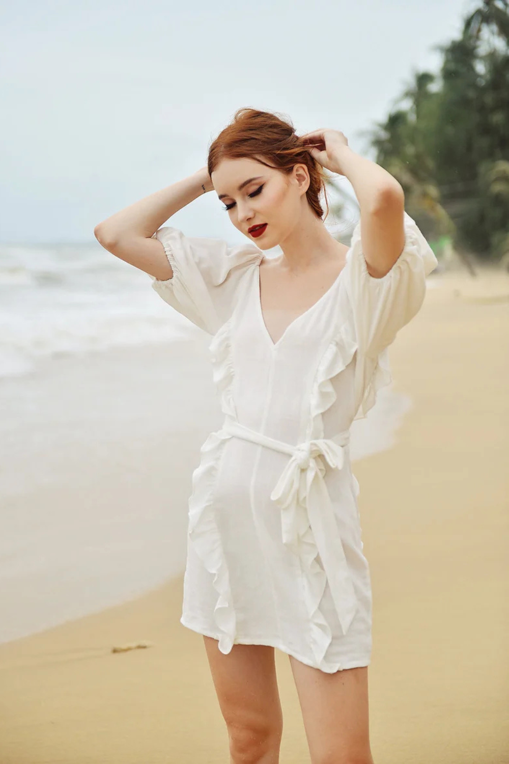 Linen Ruffle Mini Dress with Puff Sleeves