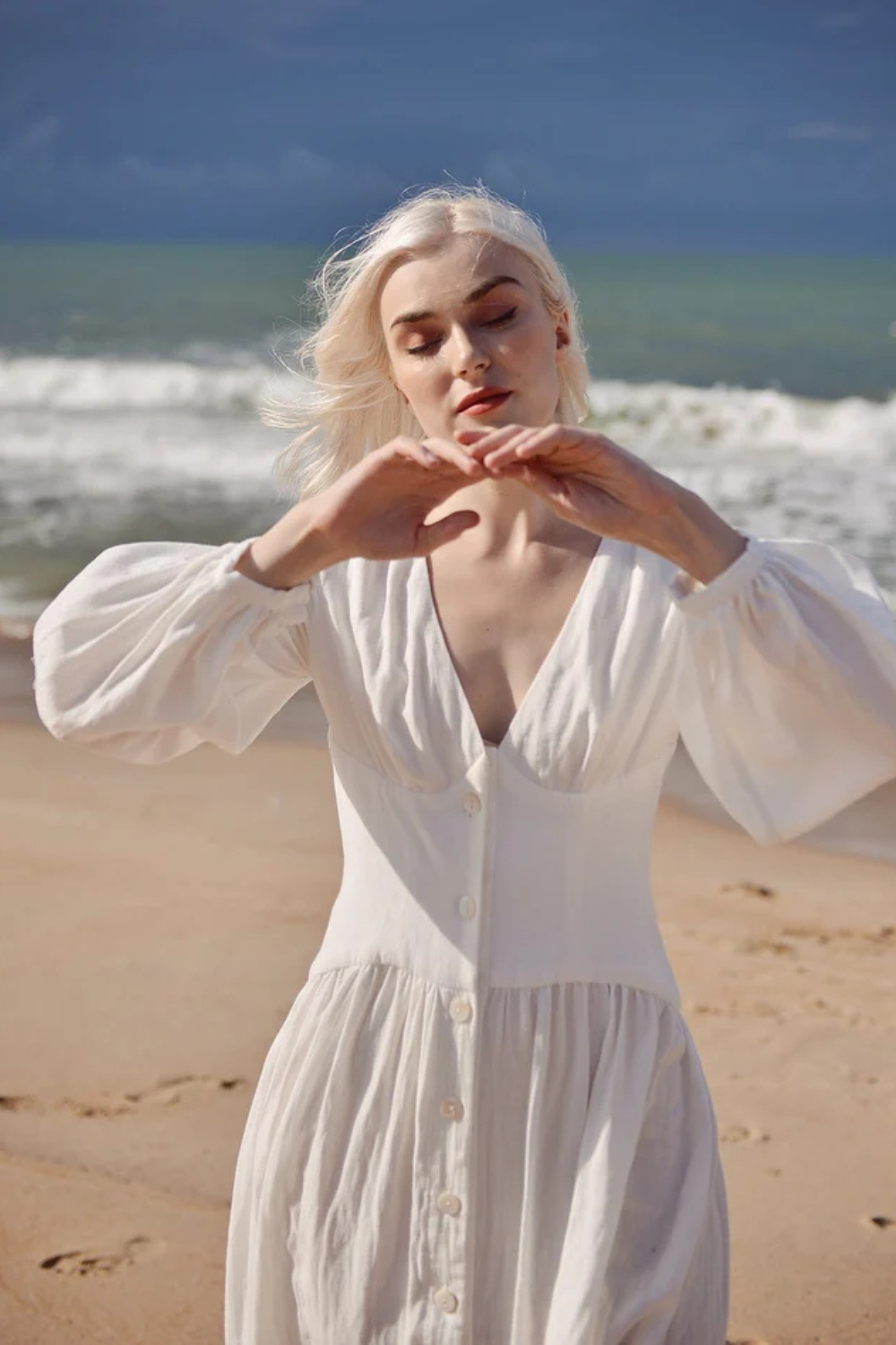 Linen Dress White - Midi Linen Dress - Organic Cotton Dress