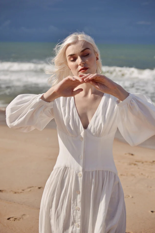 Linen Dress White - Midi Linen Dress - Organic Cotton Dress