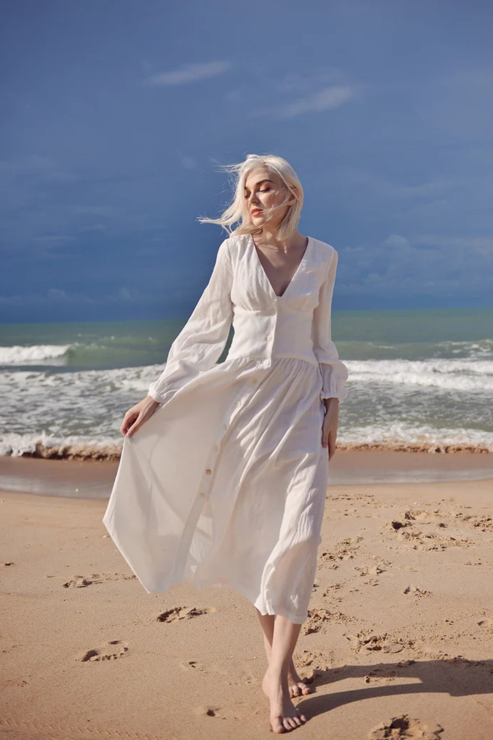 Linen Dress White - Midi Linen Dress - Organic Cotton Dress