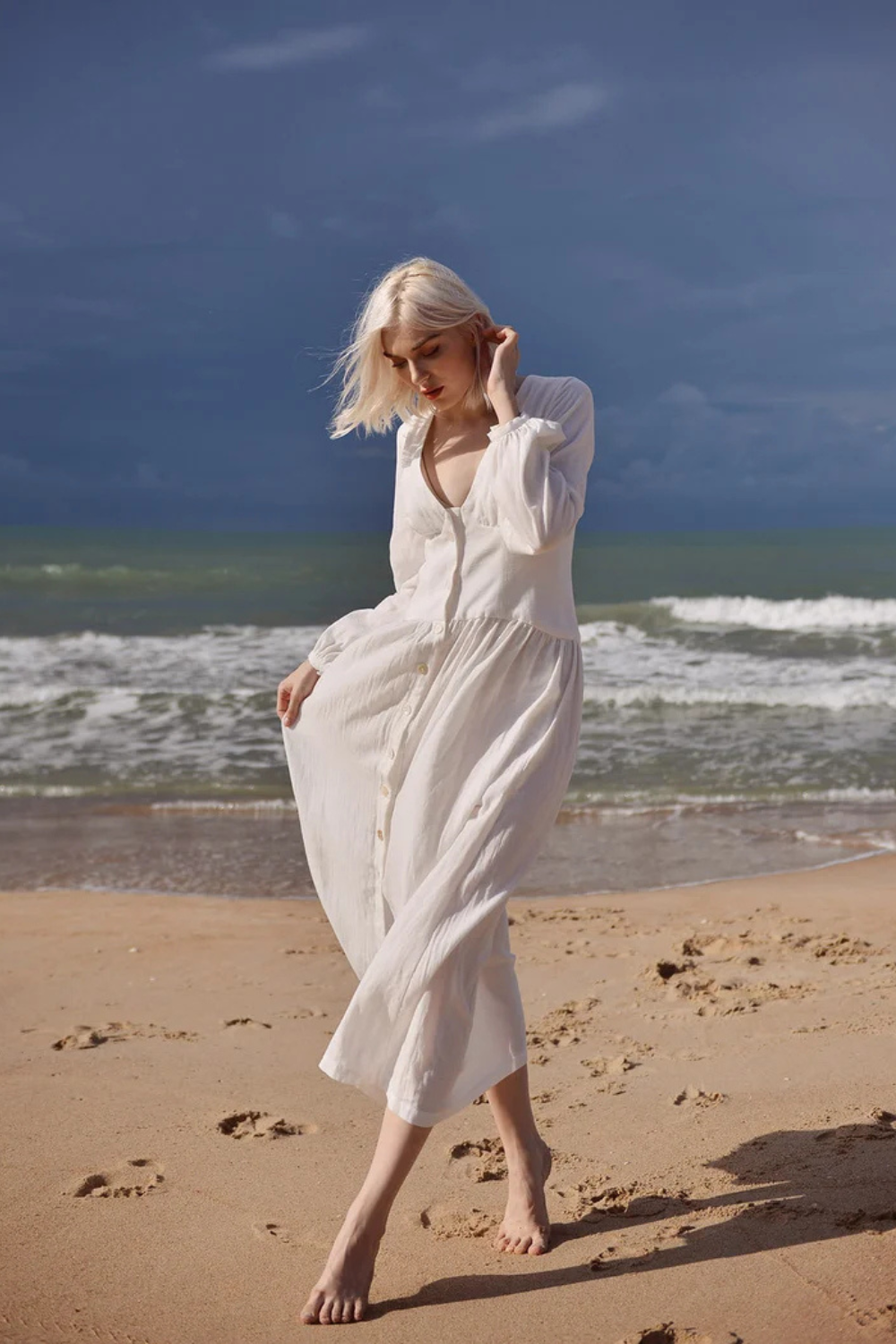Linen Dress White - Midi Linen Dress - Organic Cotton Dress