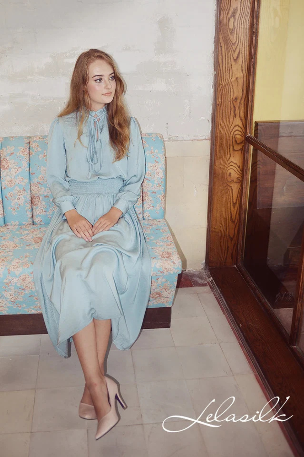Vintage Style Silk Dress - Mid-Calf Vintage Style - Women Silk Dress - Long Sleeves Silk Dress