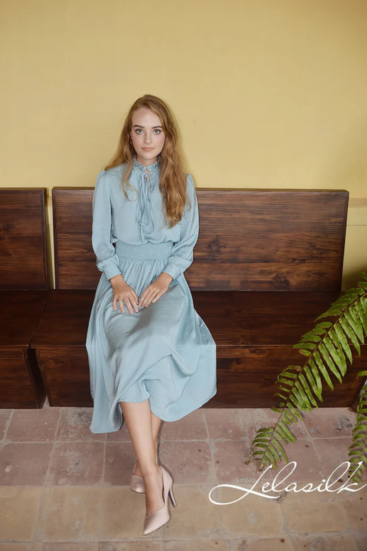 Vintage Style Silk Dress - Mid-Calf Vintage Style - Women Silk Dress - Long Sleeves Silk Dress