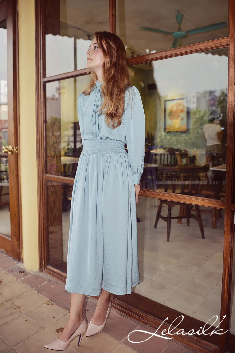 Vintage Style Silk Dress - Mid-Calf Vintage Style - Women Silk Dress - Long Sleeves Silk Dress