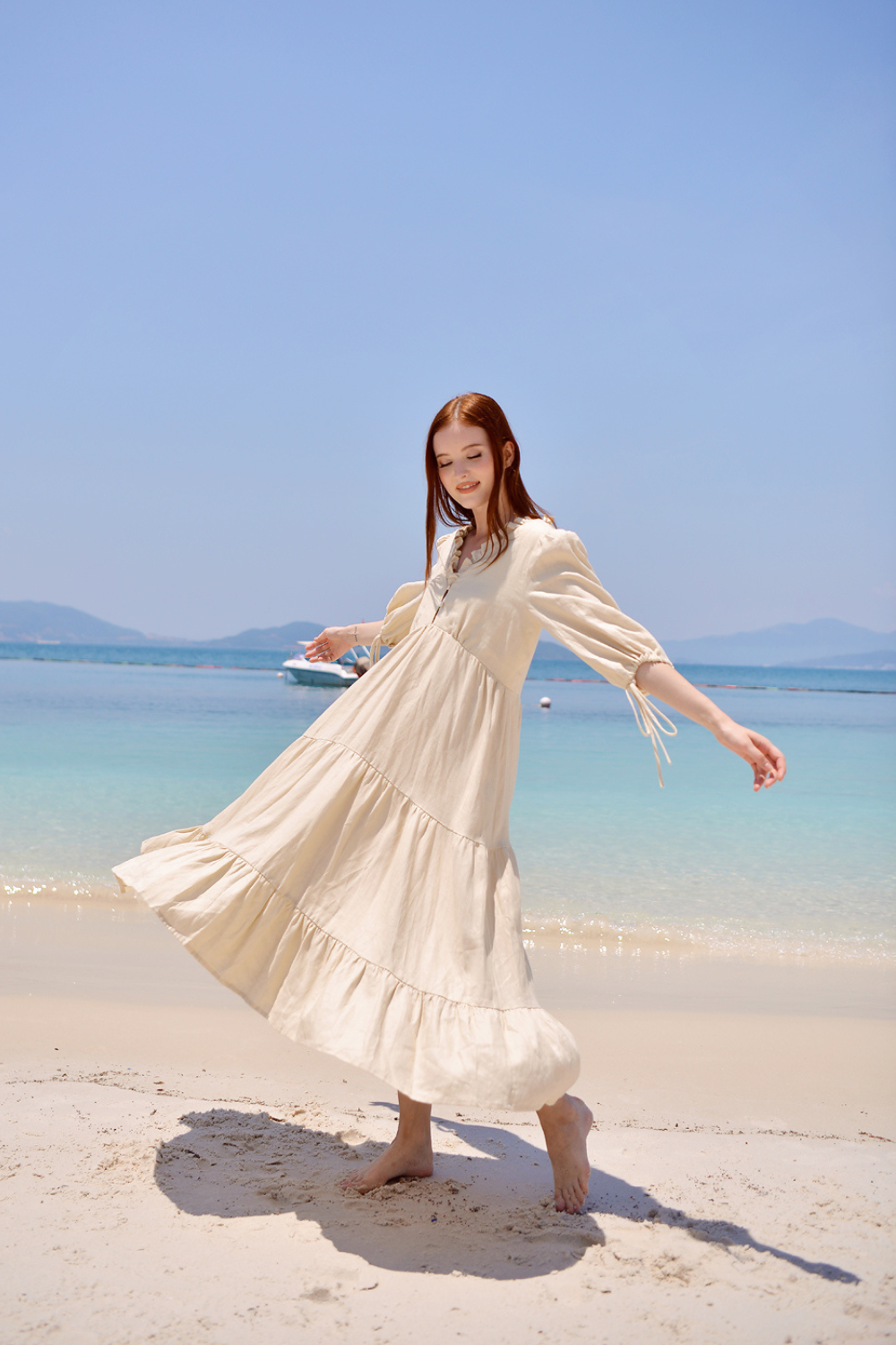 Pure Linen Ruffle Midi Dress with Sleeves