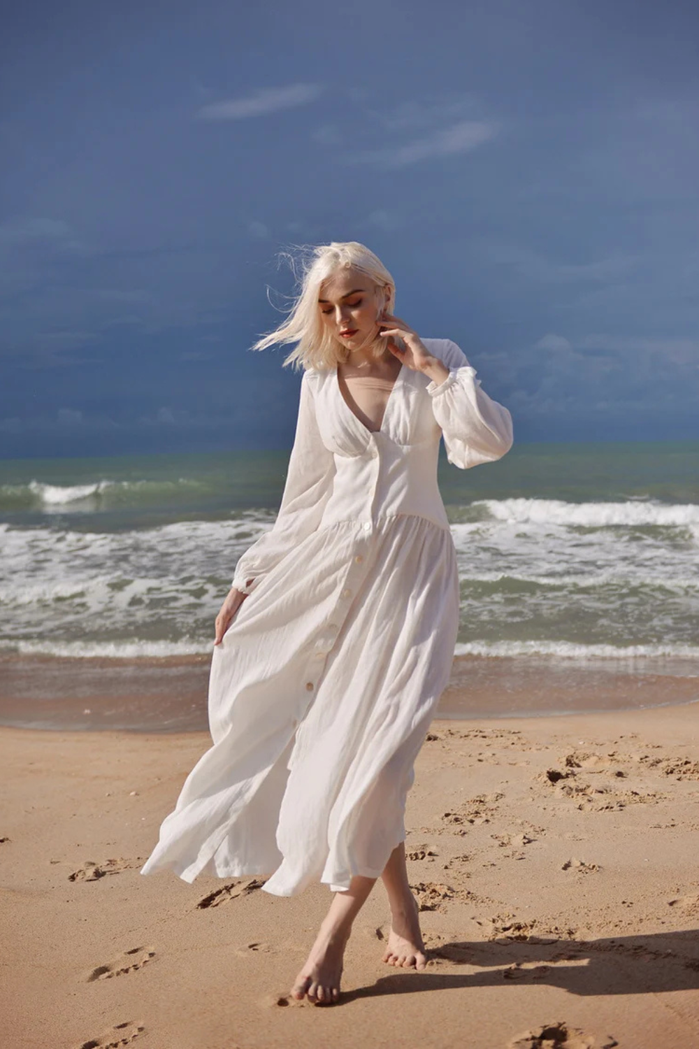 Linen Dress White - Midi Linen Dress - Organic Cotton Dress
