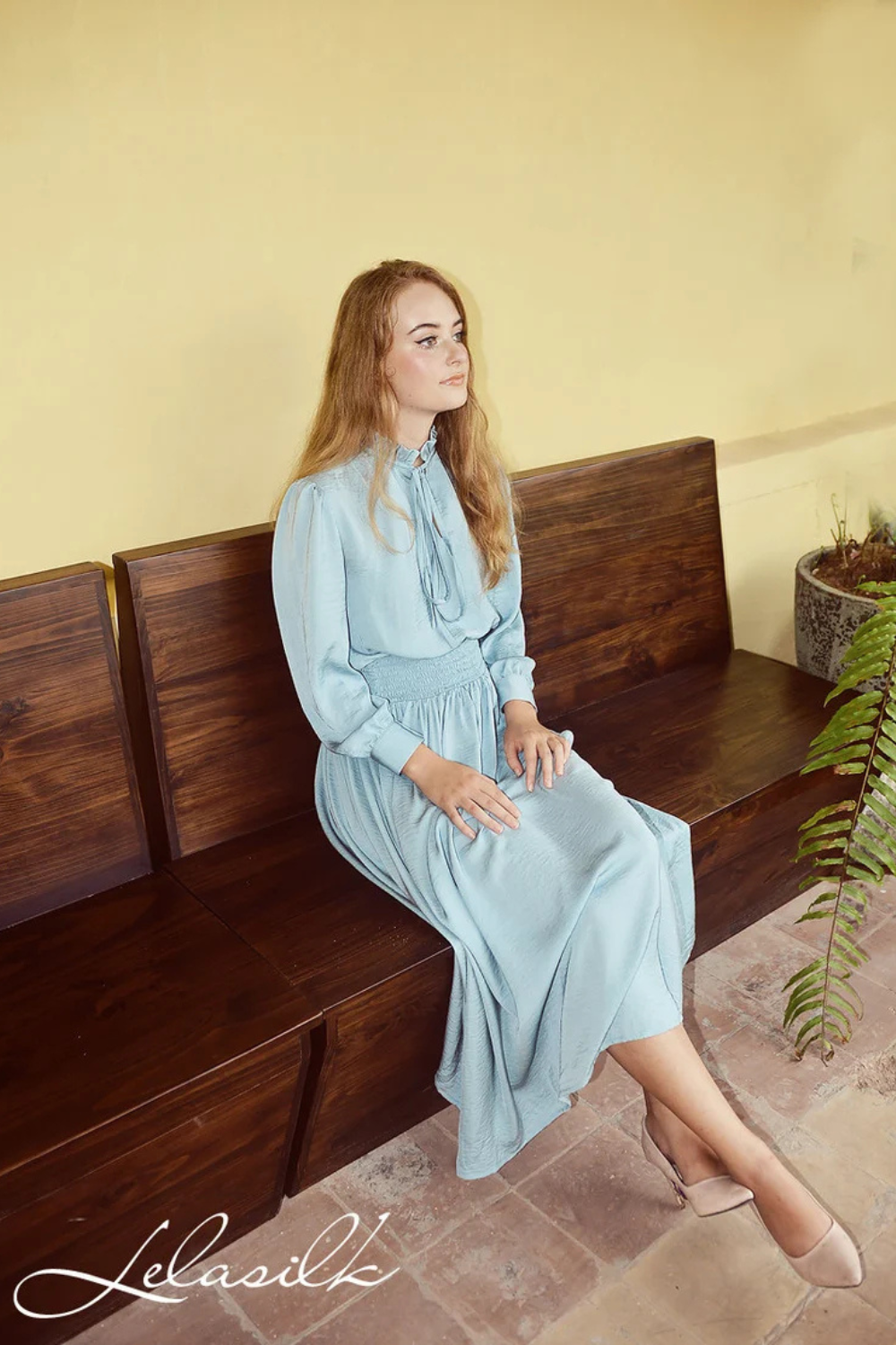 Vintage Style Silk Dress - Mid-Calf Vintage Style - Women Silk Dress - Long Sleeves Silk Dress