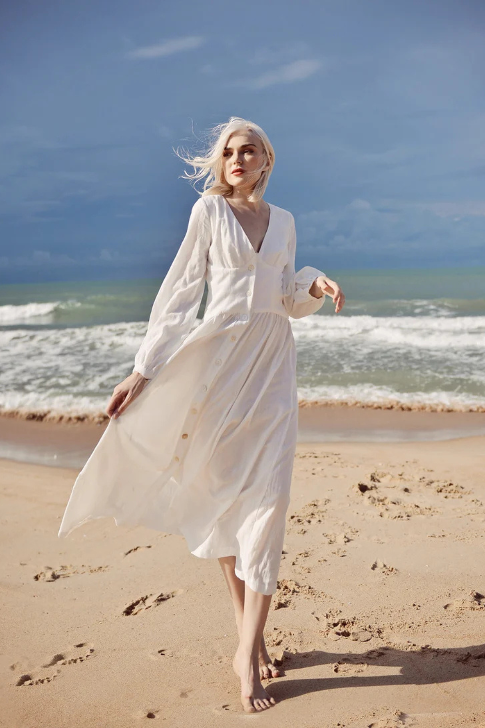 Linen Dress White - Midi Linen Dress - Organic Cotton Dress