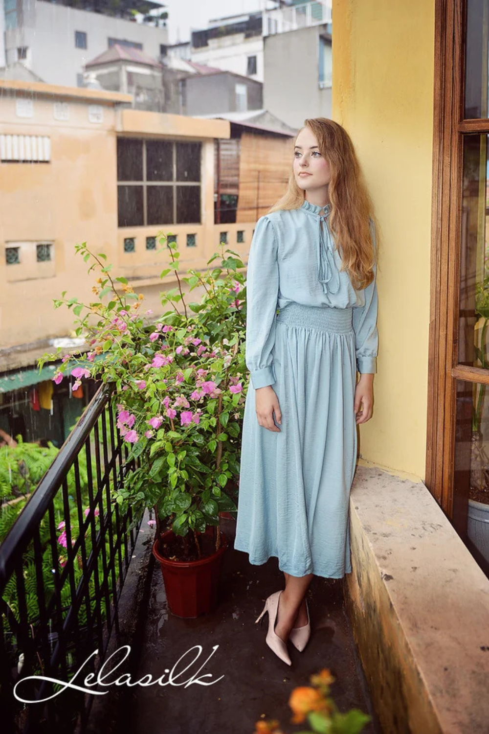 Vintage Style Silk Dress - Mid-Calf Vintage Style - Women Silk Dress - Long Sleeves Silk Dress
