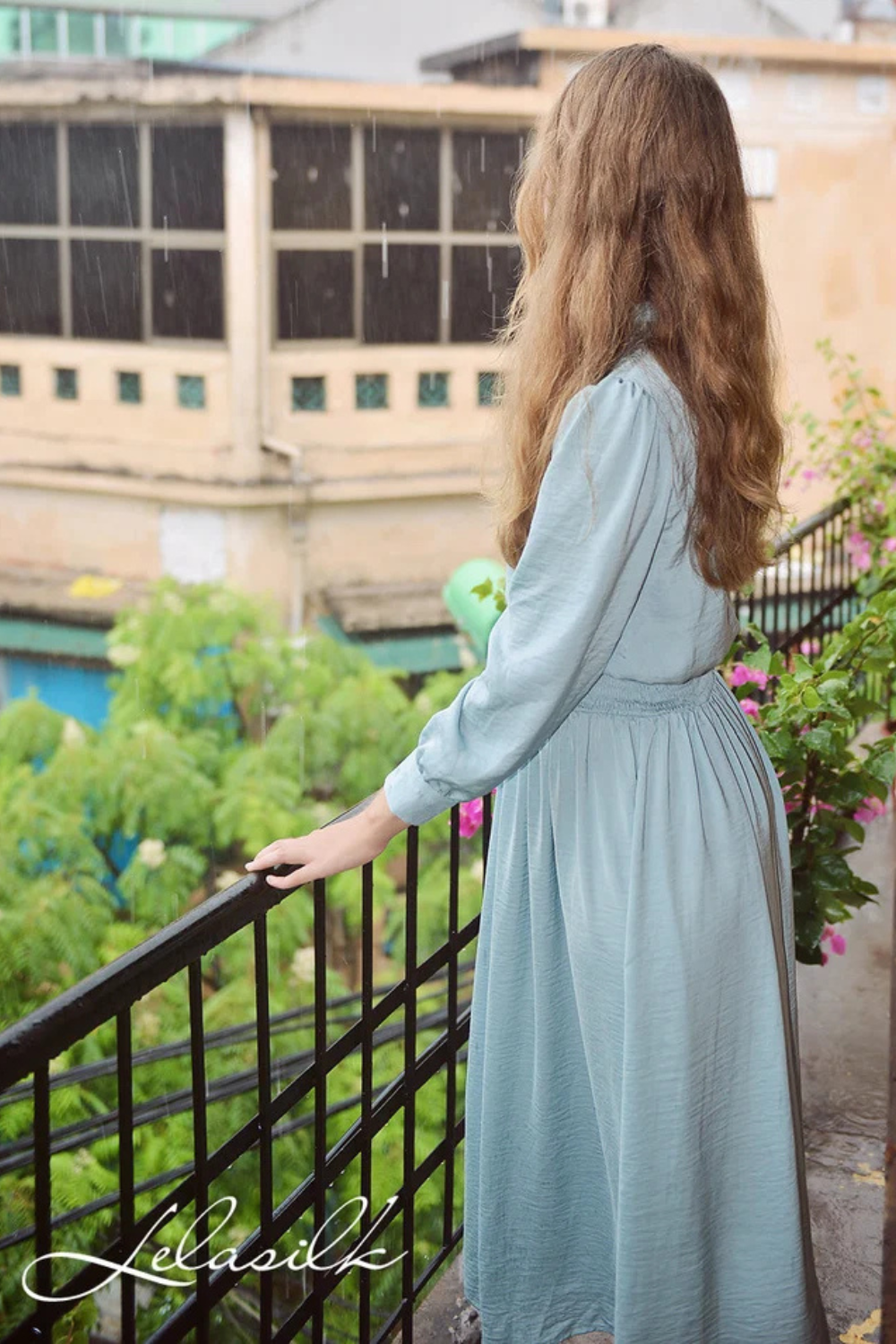 Vintage Style Silk Dress - Mid-Calf Vintage Style - Women Silk Dress - Long Sleeves Silk Dress