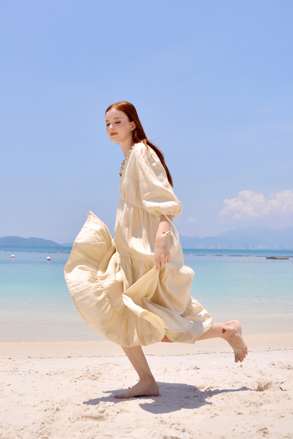 Pure Linen Ruffle Midi Dress with Sleeves