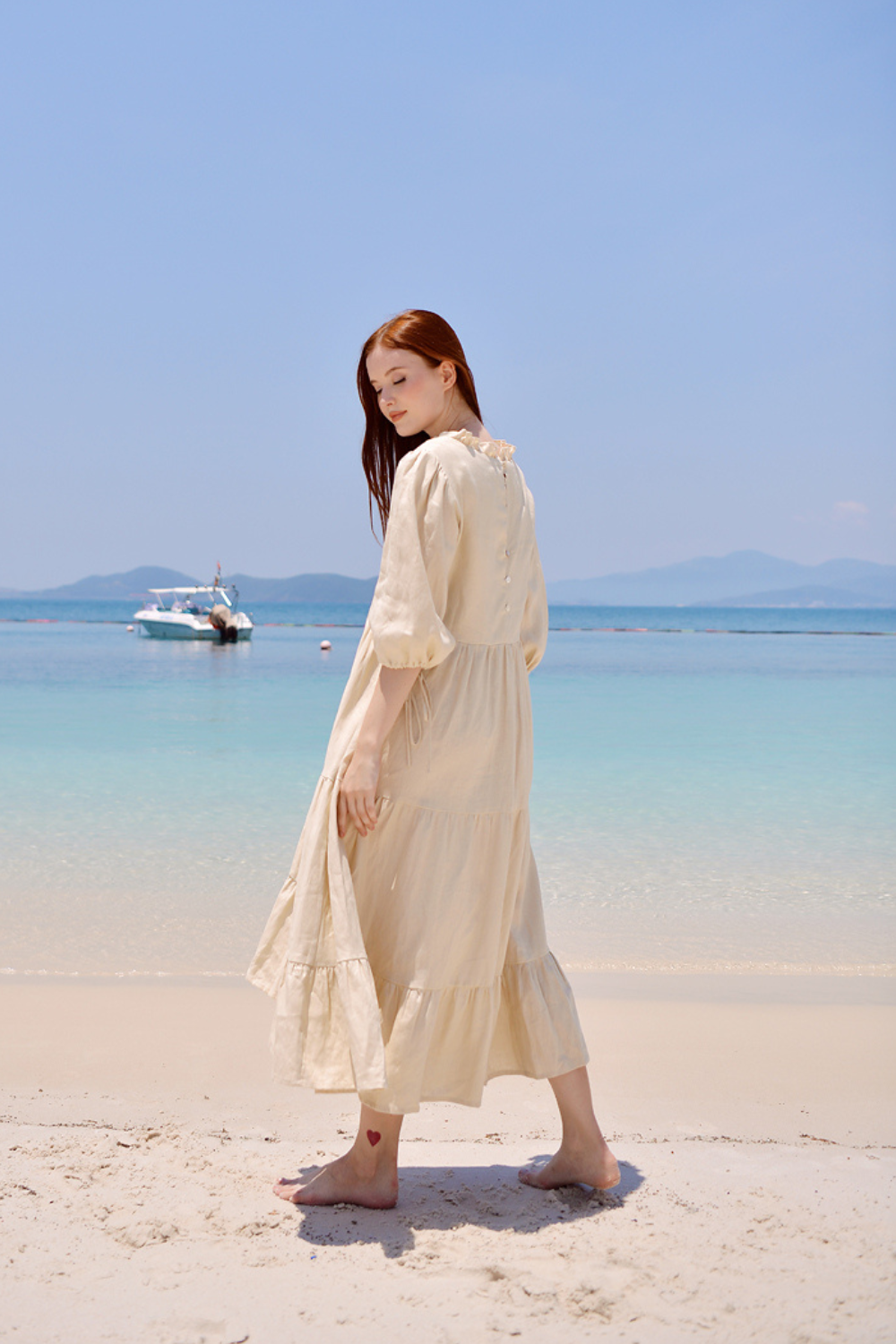 Pure Linen Ruffle Midi Dress with Sleeves