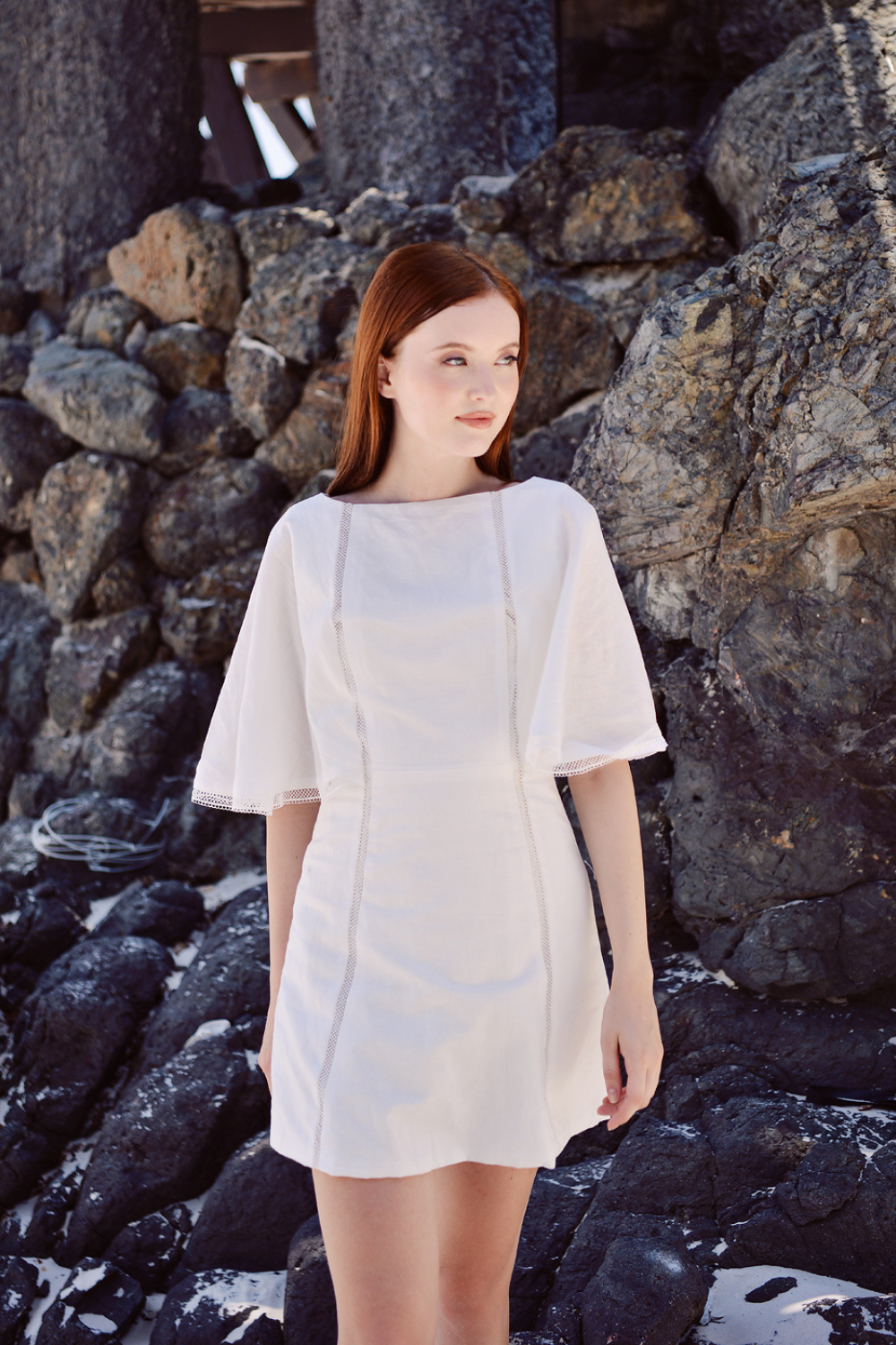 Pure Linen Shift Dress with Lace Detail
