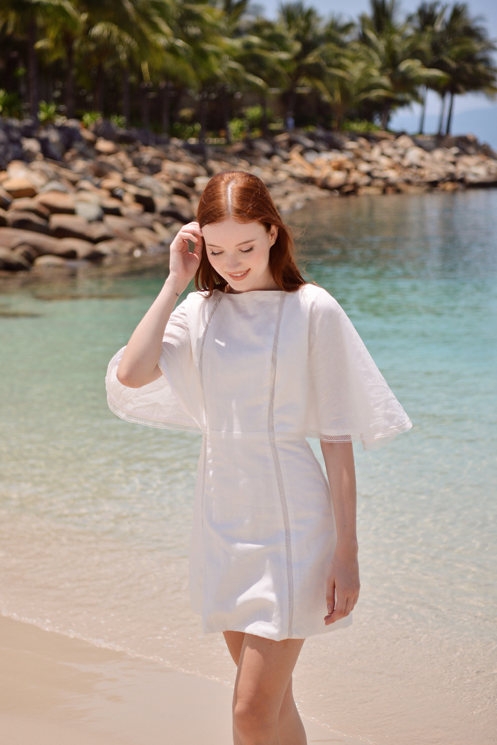 Pure Linen Shift Dress with Lace Detail